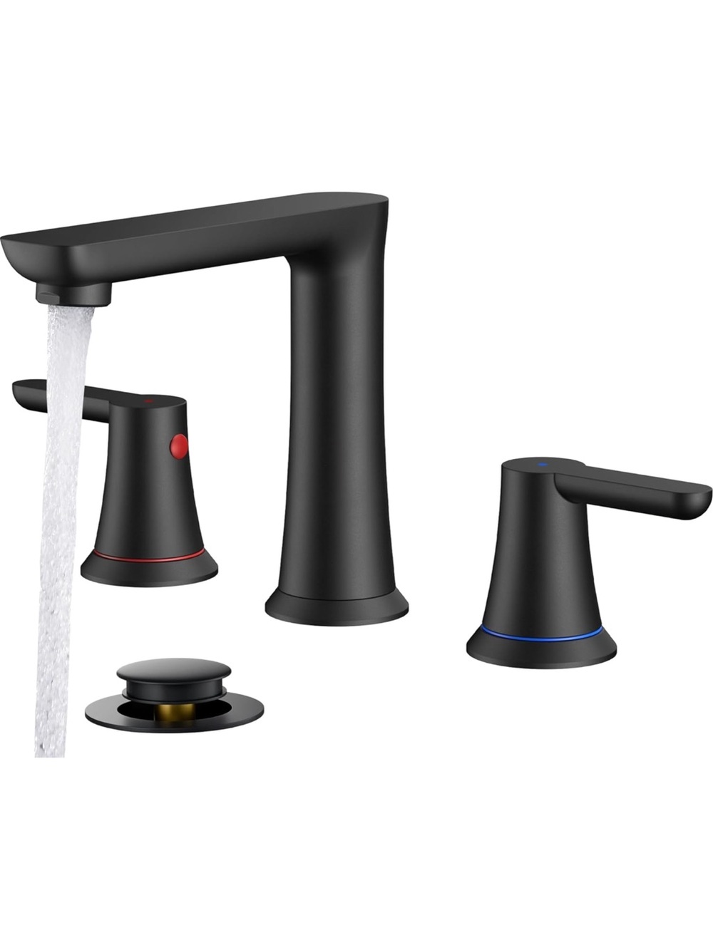 Matte Black Widespread Bathroom Faucet Set with Red/Blue Handle Accents NIB